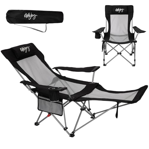 #WEJOY 2-in-1 Reclining Camping Chair with Footrest for Adults Folding Lounge Chair with Adjustable Backrest Lightweight Camping Chairs Heavy Duty Camp Chairs for Outdoor (1, Black Grey)