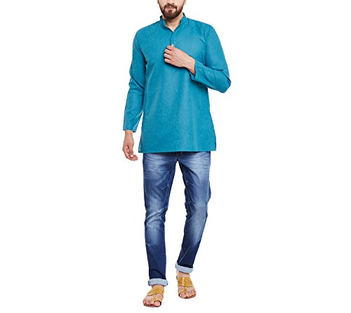 Kurta corta de lino Sojanya azul pavo real XL evita el calor y viste elegante