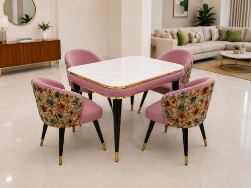Image of WOODEN SPACE Majestic 4 Seater Wooden Dining Table Set | Urban Marble Top Dining Table with Chairs for Dining Room & Kitchen (Modern Classic Printed Pink) (54 x 36 x 30 inch)