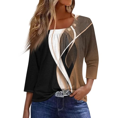 T-Shirt Femme Été Tunique Manche 3/4 Grande Taille Floral Chic Liquette Tee Marron M