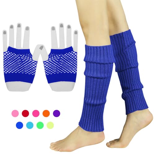 INGJIA Set de Jambières Néon Gants en Résille des Années 80 Jambières Côtelées Gants Courts en Résille(Bleu 2)
