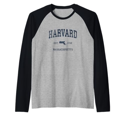 Harvard Massachusetts MA Vintage Sports Print Marine Manche Raglan