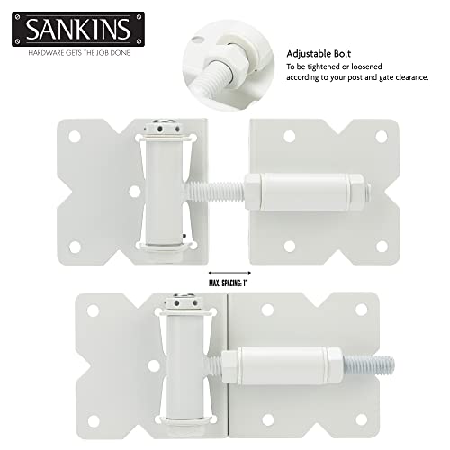 Sankins Self Closing Gate Hinges Heavy Duty Hardware Hinges For Wooden/Vinyl/Pvc Fences, 90 Degree Adjustable Gate Hinge With Installation Screws And Swing Adjuster Tool, 2 Pack/Set, White #TOP4
