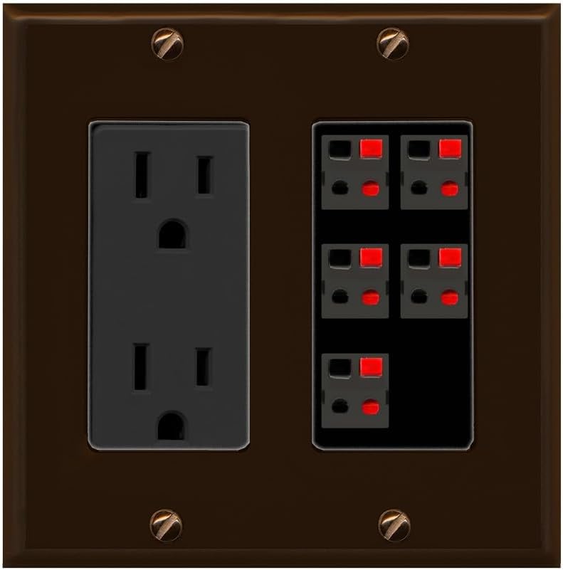 RiteAV 5 Port Speaker Wire Plug Jack Wall Plate - Outlet [Brown/White]