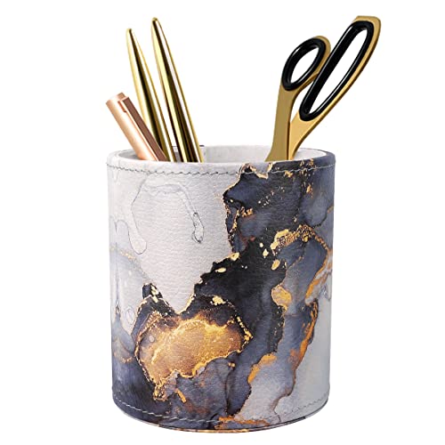 Image of Round Leather Pen Holder for Desk, Gold Marble