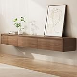 QEZEOM Floating TV Stand for TVs up to 80', 67'' Farmhouse Wall-Mounted TV Cabinet, Media Console with 3 Storage Drawers, TV Floating Cabinet for Living Room, Bedroom, Walnut