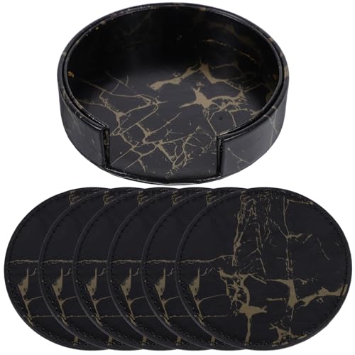 HOUDERCO レザー製大理?コースター ホルダー付き 飲み物用デスクコースター 耐久性と簡単掃除対応 コーヒーテーブル保護用 レス 再利用可能