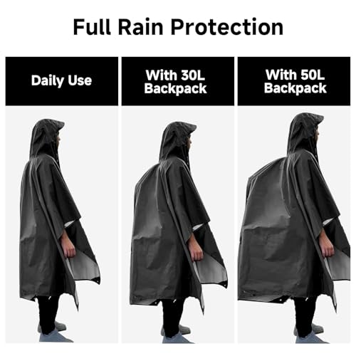 Arvoni Regenponcho Damen Herren mit Aufbewahrungstasche, 3 in1 Leichter Regenschutz Regencape, Wiederverwendbarer Regenponcho, Rain Poncho für Camping, Wandern, Radfahren, Angeln, Reisen(Schwarz)