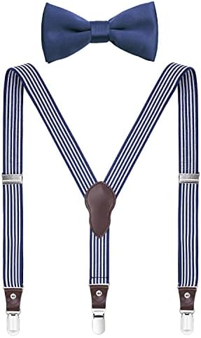 Shark Tooth Boys Bow Tie and Suspenders Set Navy White Striped 30"