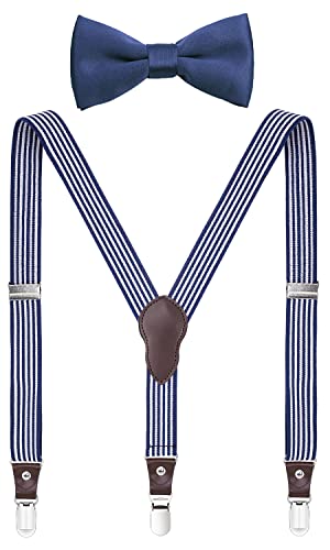 Shark Tooth Boys Suspender and Bow Tie Set for Wedding Navy Blue White Striped 40