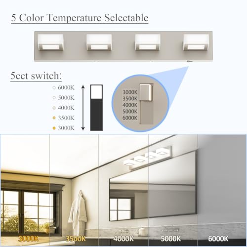 Image of Ralbay 5 Color Temperature Brushed Nickel Vanity Lights for Bathroom Dimmable Acrylic Modern LED Bathroom Lighting Fixtures Brushed Nickel