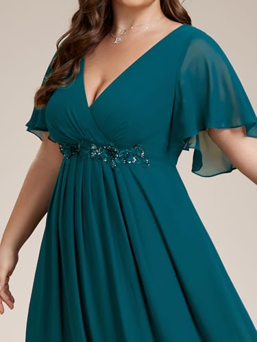 Image of Ever-Pretty Short Sleeves V Neck Plus Size Formal Dresses for Curvy Women Chiffon Mother of The Bride Dress Evening Gowns