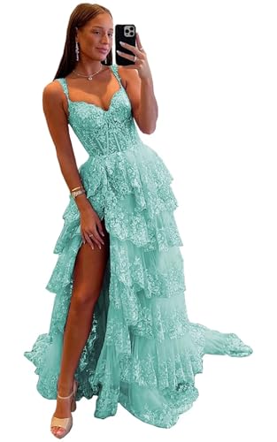 Sparkly Sequin Tiered Tulle Prom Dress for Women with Slit Sweetheart Sleeveless Ruched Evening Ball Gown for Teens