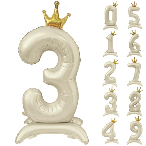 White Number 3 Balloon 40 Inch Cream White Crown Balloons 0-9 Standing Beige Number 3 Balloon with Crown Birthday Party Decorations Supplies