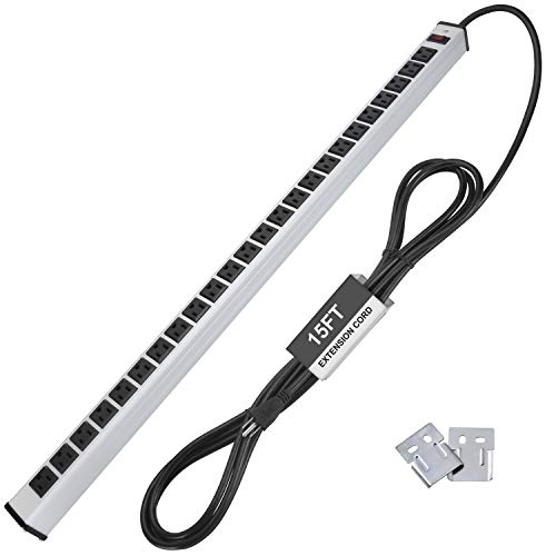 BESTTEN 15-Foot Long Extension Cord Metal Power Strip, 24 Grounded Outlets, Heavy Duty