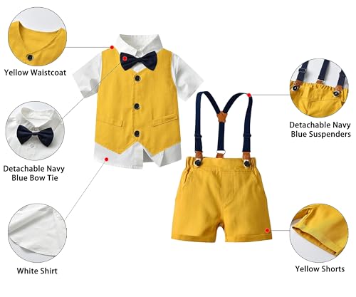 Image of SANGTREE Baby Boy Suit Wedding Ring Bearer Outfits Vest Short Sleeve Bowtie Shirt Suspender Summer Gentleman Shorts Sets