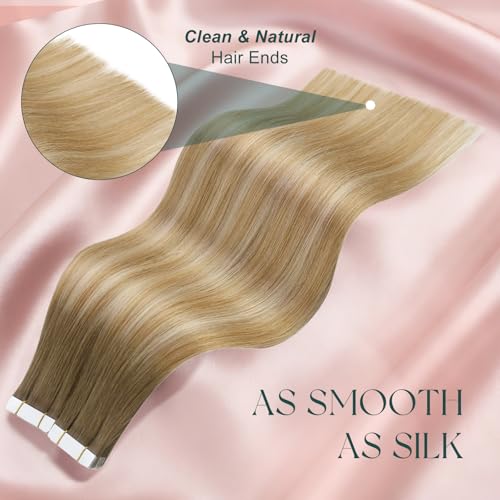 Image of Easyouth Human Hair Extensions Tape in Ombre Hair Extensions Tape Balayage Medium Brown to Honey Blonde Mixed Platinum Blonde Adhesive Tape Hair Extension Easy to Apply 50g 20pcs 22 Inch