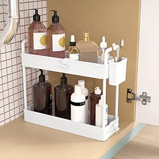 Ronlap Under Sink Storage, 2 Tier Kitchen Organizer, Kitchen Storage Shelf, Multifunctional Bathroom Organizer with Hanging Cups, Hooks, White