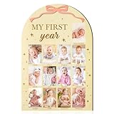 R HORSE My First Year Photo Frame Board, 3D Pink Bow Display Wood Board, Baby’s First Year 12 Months Milestone Sign 1st Birthday Frame Nursery Decor Keepsake Gift for Boy Girl