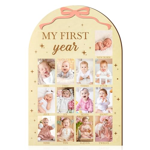 R HORSE My First Year Photo Frame Board, 3D Pink Bow Display Wood Board, Baby’s First Year 12 Months Milestone Sign 1st Birthday Frame Nursery Decor Keepsake Gift for Boy Girl