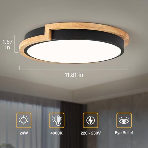 Vikaey Modern Wood LED Flush Mount Ceiling Light Fixture,Blcak Round Ceiling Lighting,Ceiling Lamp for Closets, Kitchens, Stairwells, Bedrooms(11.8In/30CM 4000K) - Cosy Home Interiors Vikaey Modern Wood LED Flush Mount Ceiling Light Fixture,Blcak Round Ceiling Lighting,Ceiling Lamp for Closets, Kitchens, Stairwells, Bedrooms(11.8In/30CM 4000K) - Image 2