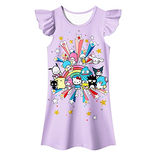 Girls Flutter Sleeve Dress Cartoon Animal Printed for 5-12 Years Kids Casual Dress Lightpurple