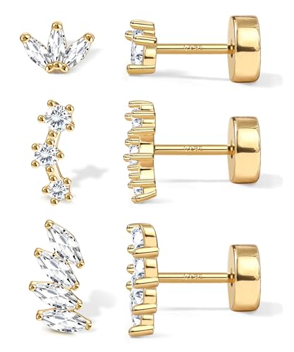 YADOCA Sterling Silver Flat Back Earrings for Women Hypoallergenic 14K Gold Plated Flatback Stud Earrings Trendy Cartilage Helix Conch Tragus Piercing Jewelry 3 Pairs Dainty CZ Opal Earring Set