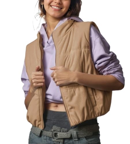 LifeShe Corduroy Puffer Vest for Women Sleeveless Zip Up Cropped Waistcoat Lightweight Padded Gilet Jackets