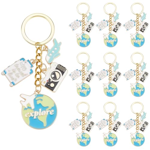 SUNNYCLUE 1 Box 10Pcs Travel Keychains Bulk Airplane Keychain Pack Enamel Earth Maps Journey Adventure Camera Suitcase Word Key Chain Set for Party Favors Decoration Camping Traveler Gift Accessories