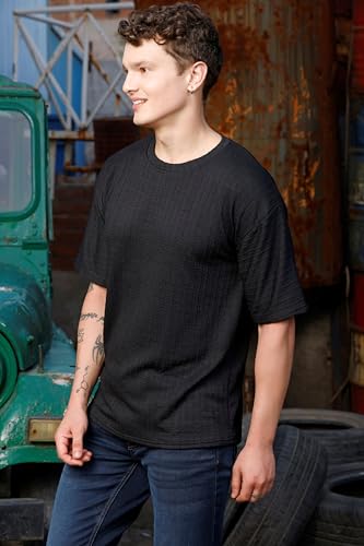 Image of Zilcon Mens Solid Unique Design Tshirt for Men - Round Neck Loose Fit Drop Shoulder Polo Mens T-Shirt