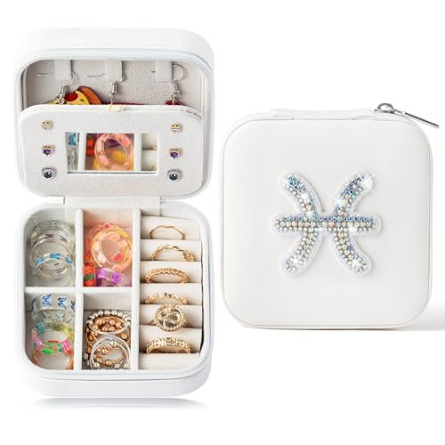 K1tpde Estojo de joias de viagem do zodíaco de Peixes para mulheres, acessórios de viagem de férias para mulheres, estojo de joias de viagem pequeno do zodíaco para anel, brinco, pingente, colar,