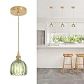 Shenmoyl Pendant Light with Green Tulip Glass Lmapshade, Brass Vintage Pendant Light Adjustable Hanging Light for Kitchen Island Dining Room Hallway