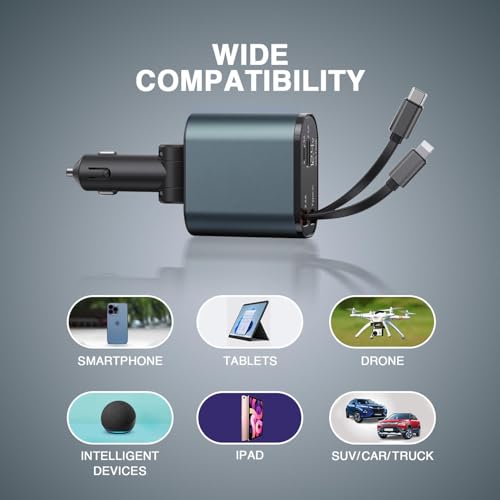 Image of Humble 120W 4 in 1 Car Charger with 2 Retractable Cable (Type C & iPhone), 1 USB & 1 Type C Port- Universal Car Charger Compatible with All Android & iPhone Series 17 /16 / 15 /14 / 13 /12 / 11
