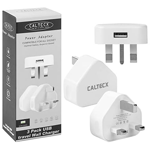 Caltecx Pack of 3 USB Plug UK Mains Charger USB Wall Plug Adaptor UK Compact Power USB Adapter Socket Charge Head 5V 1AMP Multipack Single Port Charging for iPhone 11/10/Xs/XS Max/XR/X/8/7/6 Plus/5/4 Cover