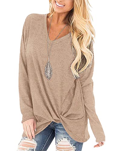 Image of SimpleFun Womens Tops Long Sleeve Shirts V Neck Loose Twist Knot Fall Tunic