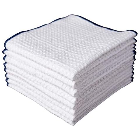 Kitchen Towels Dishcloths 1005 Cotton, White Waffle Weave Bleach Friendly, Set of 8, 12 in x 12 in, Absorbent Cleaning Paperless Dish Cloths, Blue Border Cover