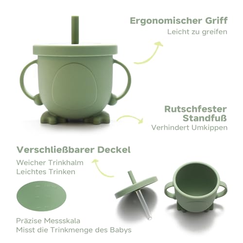NEXROLA Baby Geschirrset 8 Stück, Kindergeschirr Set, Baby Teller mit Saugnapf, Trinklernbecher, Lernlöffel Baby, Silikon Lätzchen Baby, BPA-frei, Baby Besteck für Spülmaschine und Mikrowelle, Grün