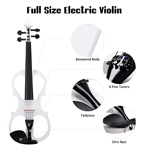 Aw 4/4 Electric Violin Full Size Wood Silent Fiddle Stringed Instrument Bow Headphone Case White #TOP1