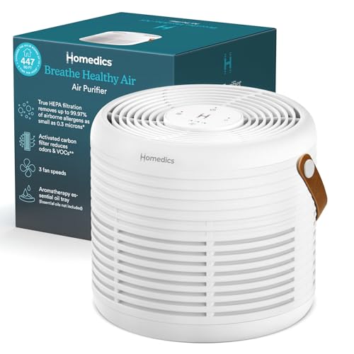 Homedics Air Purifier True HEPA Filter for Medium Rooms up to 447 Sq Ft Removes 99.97% Allergens, Odors & VOCs, Aromatherapy, 3 Fan Speeds, for Bedrooms, Living Rooms & Offices, Quiet Operation