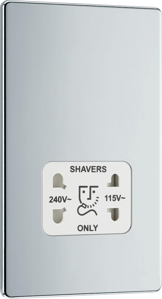 BG Electrical Dual Voltage Shaver Plug Socket, Electric Toothbrush Charger Socket for Bathrooms, Screwless Front Plate, Premium Flatplate, 2-Pin, Polished Chrome, White Inserts, 115V / 240V, FPC20W