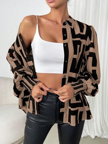 SweatyRocks Women's Graphic Print Long Lantern Sleeve Collar Neck Button Front Blouse Shirt Top4