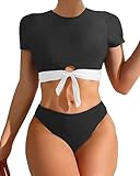 High Waisted Bikini Sets for Women Tummy Control Swimsuits Short Sleeve Bathingsuit Sun Protection Two Piece Tankinis