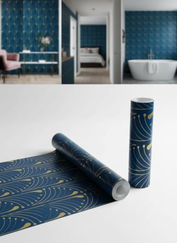 Image of Veki Luxury Floral & Botanical Geometric Wallpaper Mural - Waterproof, Moisture-Proof, Self-Adhesive PVC Wall Sticker for Home & Hotel Decoration (45cm x 300cm) (Blue Curve)