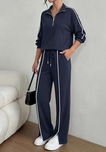 BTFBM Two Piece Sets for Women Fall Fashion 2026 Long Sleeve Half Zip Lounge Set Wide Leg Pants Vacation Airport Outfits (Navy,X-Large) — view 5