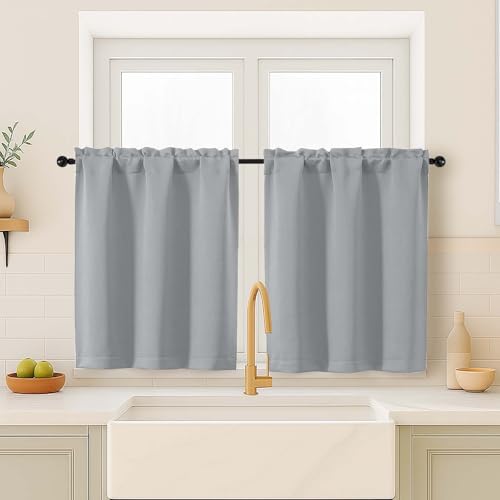 Image of Silver Grey Blackout Curtains for Small Window Treatment, Light Blocking Short Kitchen Window Curtains Over Sink, Dual Rod Pocket Half Window Tiers for Bathroom Basement, 2x40Wx36L Inches