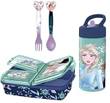 Set Scuola bambino - Portapranzo 3 Scomparti, Posate e Borraccia, Pranzo e Merenda, Ideale per Bambini e Fan Disney (Frozen)