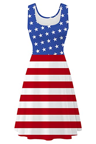 Uideazone Women's Sleeveless Floral Print Stars And Stripes Sleeveless Midi Tank Dress Usa Flag #TOP4