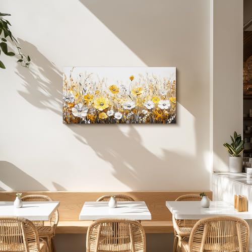 SERIMINO Wildflowers Large Wall Art, Modern Industrial Gold and Silver Floral Art Prints, Rustic Flower Field Canvas Paintings, Vintage Pictures for Living Room Bedroom Kitchen Decoration 20"X40"
