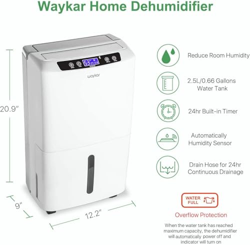 Image of Waykar 34 Pints Energy Star Dehumidifier for Spaces up to 2,000 Sq. Ft at Home, in Basements and Large Rooms with Drain Hose and 0.66 Gallons Water Tank