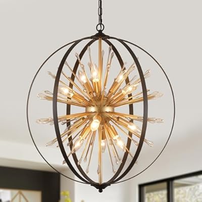 MEIXISUE Modern Sputnik Chandelier,Black Gold Globe Crystal Firework Pendant Light Fixture Industrial 12-Light for Entryway Foyer Kitchen Dining Living Room UL Listed